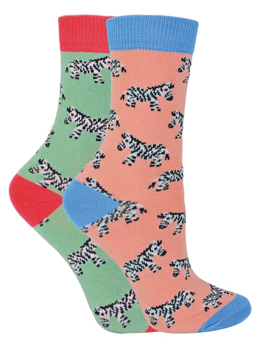 Set van 2 sokken met dierenprint voor meisjes | Miss Sparrow | Casual grappig patroon crew bamboe sokken | Grappige nieuwe sokken voor kinderen - Zebra's - Image 1
