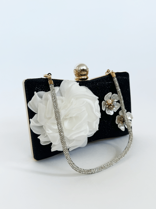 Square clutch Bag with 3D florals and Rhinestone handle in Black