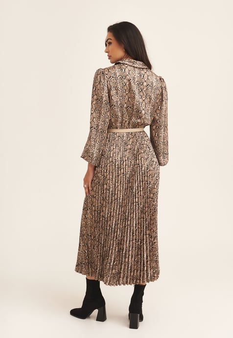 Beige geplooide overhemdjurk met slangenprint en riem - Image 4