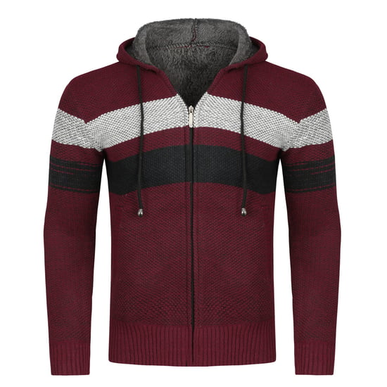 Heren Winter Transitie Cardigan met Capuchon Gevoerde Grof Gebreide Capuchon Warme Jas Bordeaux - Image 1
