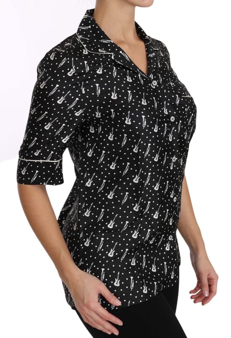 Dolce & Gabbana Dames Zwarte Gitaar & Trompet Print Zijde Blouse - Image 6
