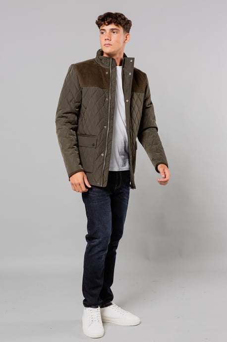 Khaki Diamond Quilted Jacket With Corduroy Detail