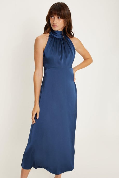 Satin Halter Neck Midi Bridesmaids Dress - Image 2