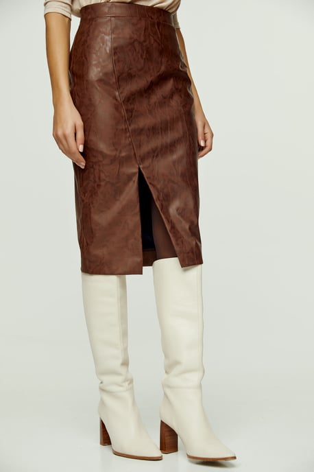 Chocolate Brown Faux Leather Pencil Skirt