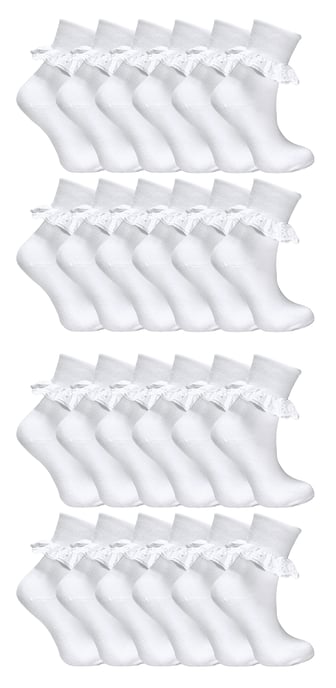 24 Paar Meisjes Kant Kousen Multipack | Schattige Witte Frilly Katoenen Sokken | Ideaal voor Schooluniform - Wit - Image 1