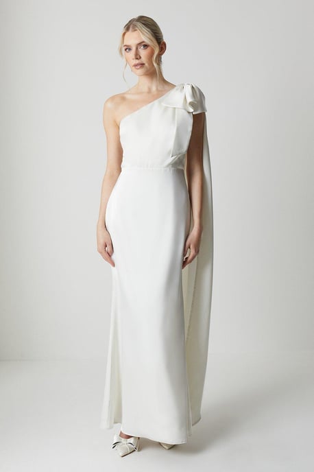 Bow And Drape Detail One Shoulder Satin Bridal Dress - Image 1