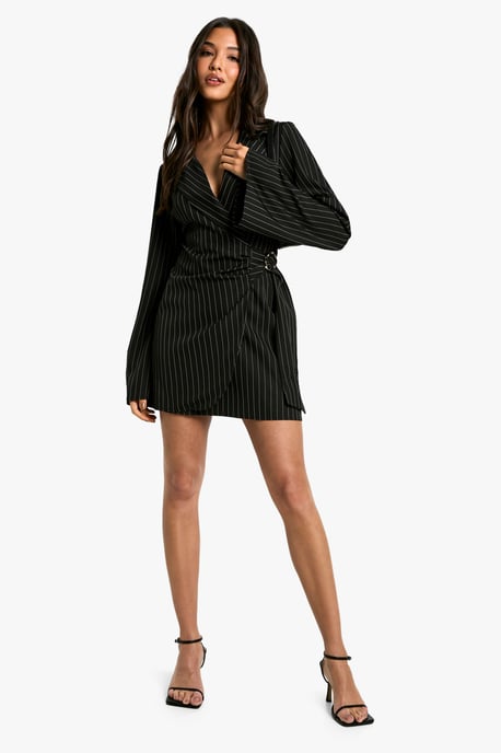 Pinstripe Buckle Detail Tie Waist Tailored Blazer Dress - Image 3