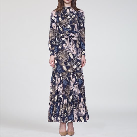 Boheemse stijl lange jurk met ruches en veren print - Image 1