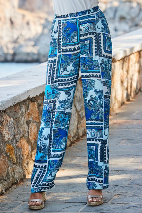 Blue Scarf Print Wide Leg Palazzo Trousers