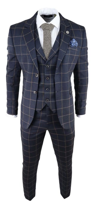 Heren Marineblauwe Geruite 3-delige Tweed Pak Peaky Blinders 1920s Gatsby Tailored Fit - Image 2