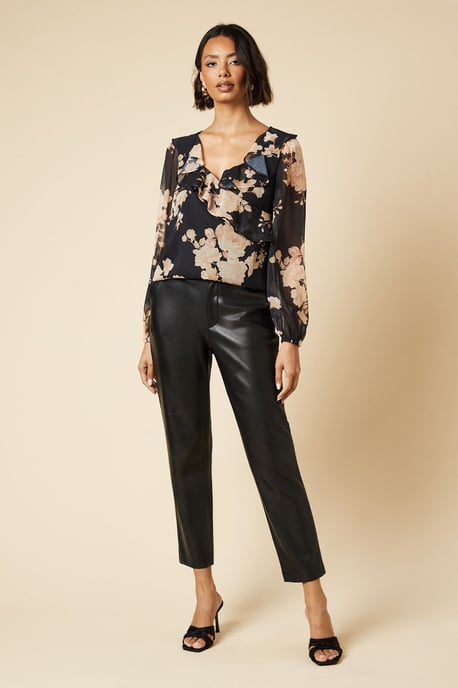 Ochre Floral Chiffon Ruffle Neckline Long Sleeve Blouse