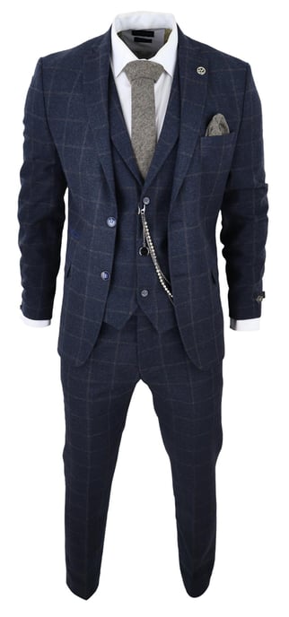 Heren 3-delige Wollen Pak Marineblauw Tweed Ruit Peaky Blinders 1920 Gatsby Formeel - Image 2