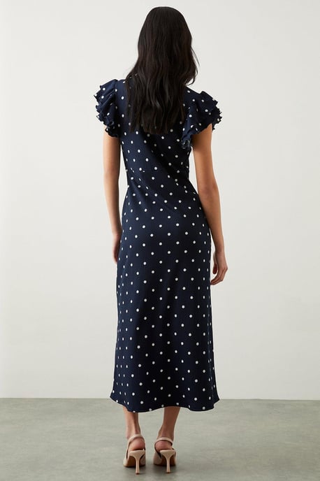 Navy Spot Print Ruffle Sleeve Empire Midi Dress - Image 3