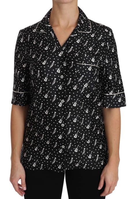 Dolce & Gabbana Dames Zwarte Gitaar & Trompet Print Zijde Blouse - Image 1