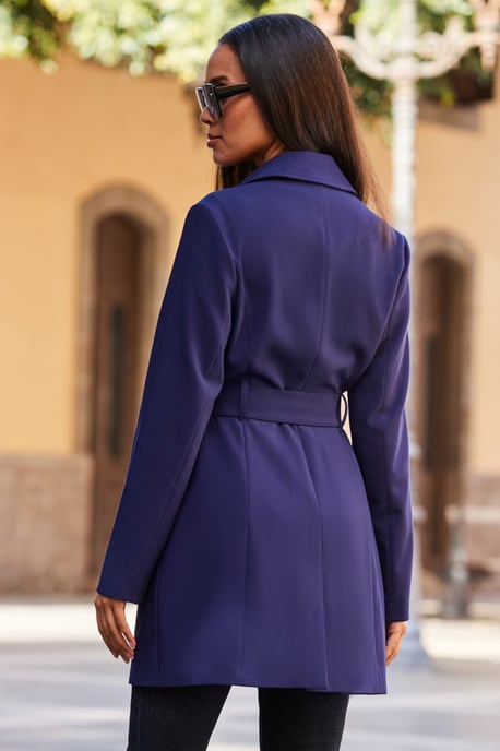 Navy Blue Belted Coat With Gold Button Detail