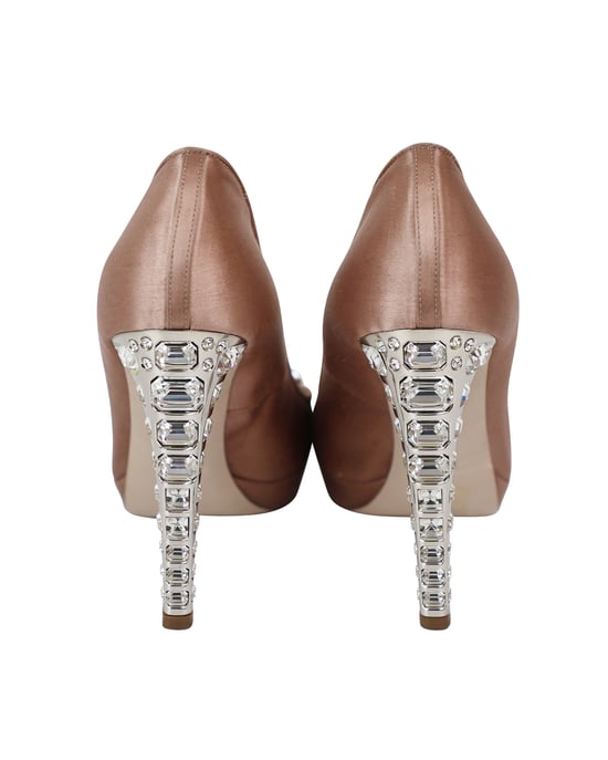 Miu Miu Kristal Versierde Peep Toe Platform Pumps in Nude Satijn - Image 4