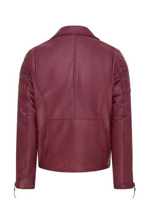 Mens Burgundy Brando Double Cross Zip Leather Biker Jacket- Fagernes
