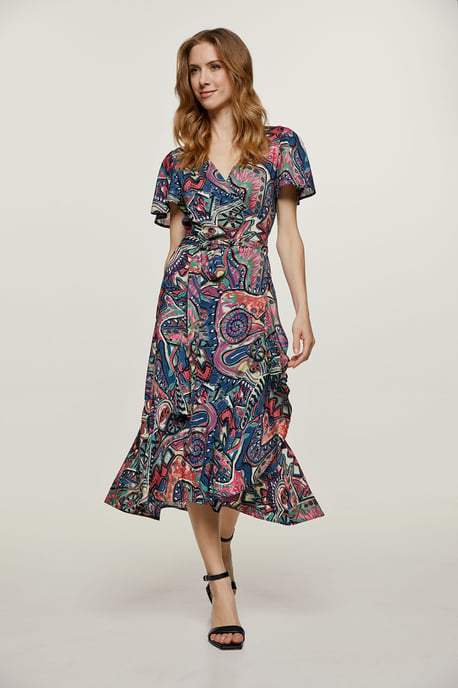 Print Ruffle Detail Wrap Dress
