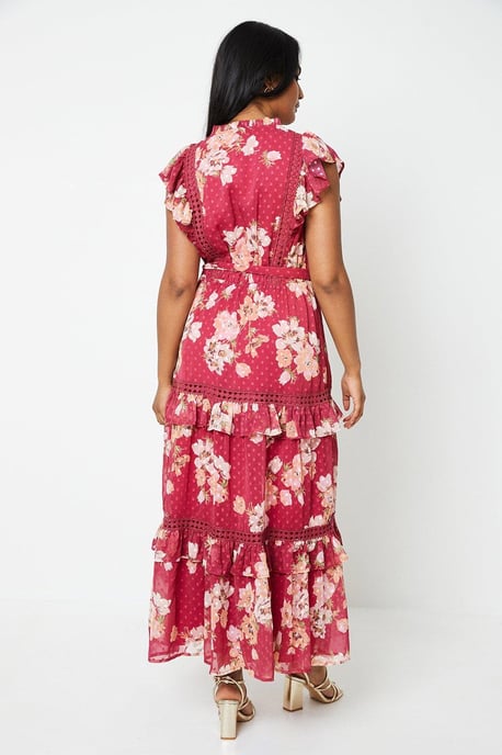 Floral Dobby Chiffon Trim Belted Midi Dress
