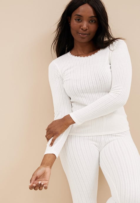 M&S Womens Set van 2 Thermische Pointelle Tops met lange mouwen in Wit - Image 2