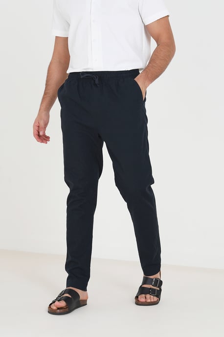 Navy 'Beach' Relaxed Fit Linen Blend Trousers