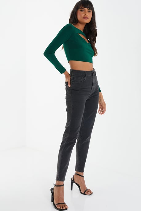 Bottle Green Bardot Cut Out Crop Top