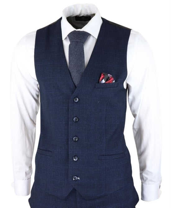 Heren 3-delig marineblauw geruit tweed retro klassiek pak - Image 4