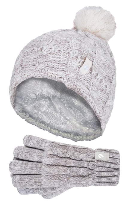 Heat Holders Meisjes Cable Bobble Muts En Handschoenen Set - Havermoutwending - Image 1