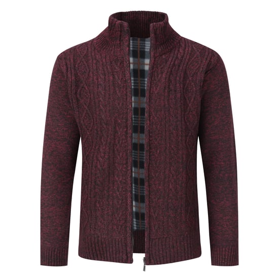 Men's Cardigan with Zip Cardigan Chunky Knit with Stand-Up Collar for Winter Red