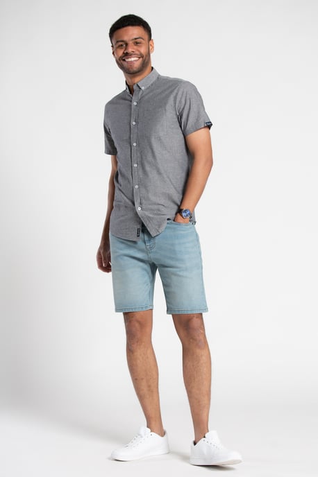 Grey Cotton Chambray Short-Sleeve Shirt