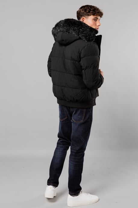 Black Short Padded Parka Jacket With Faux Fur Hood