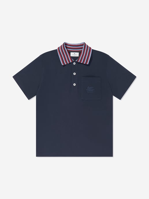 Etro Boys Striped Collar Polo Shirt in Navy