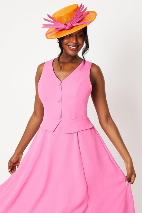 Lisa Tan Waistcoat Midi Dress With Drape Skirt