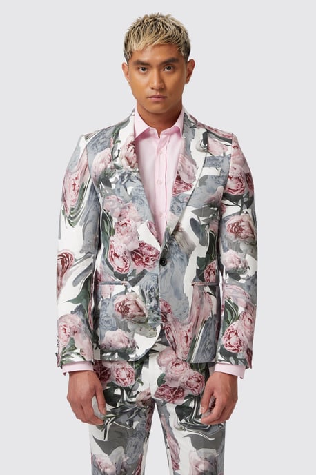 Dali Skinny Fit White Cotton Floral Suit