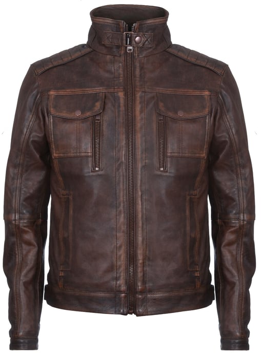 Leather biker and motorcycle jacket with a worn look