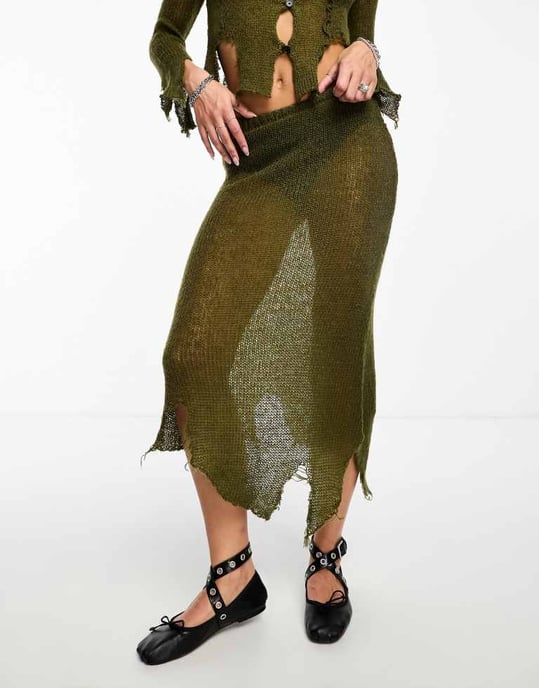 COLLUSION open stitch knitted midi skirt with asymetric hem co-ord in khaki-Green