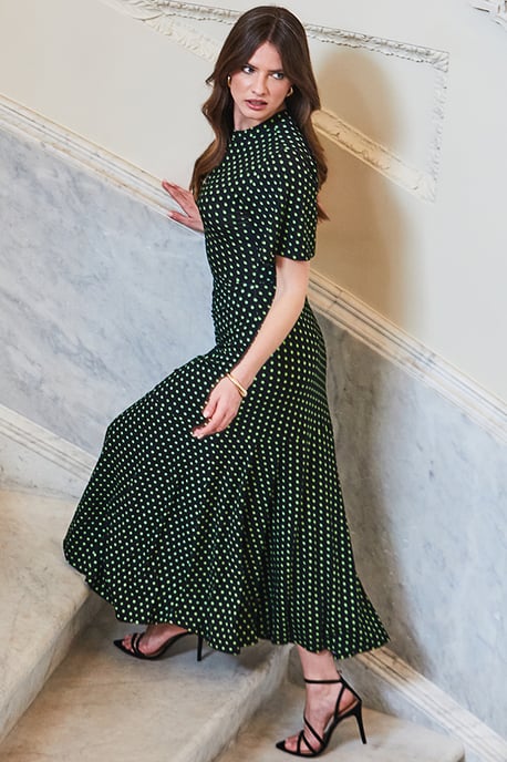 Black & Green Spot Print Keyhole Detail Jersey Dress