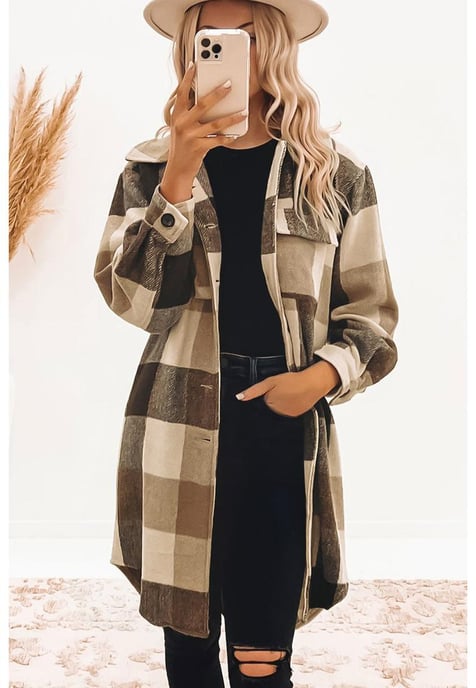 Azura Exchange Women's Plaid Button-Down Long Shacket in Khaki - Image 4