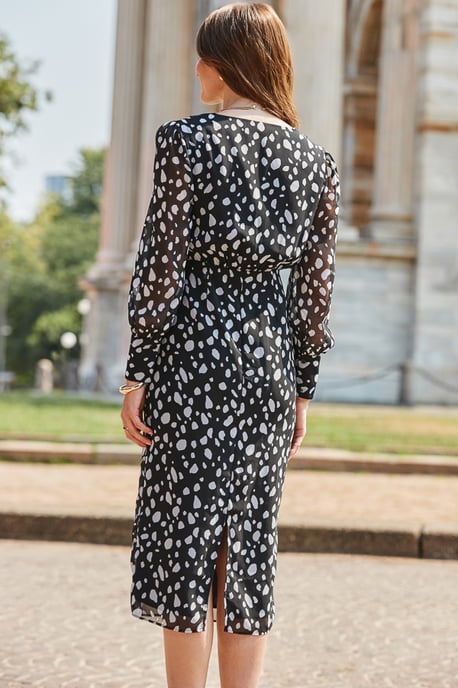 Black Spot Print Ruffle Detail Pencil Dress