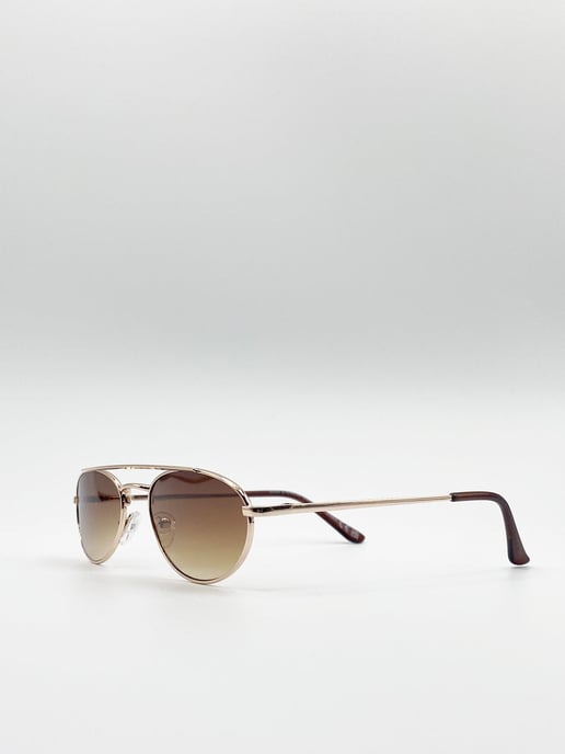 Double Bridge Fashion Metal Sunglasses With Brown Tinted Lenses