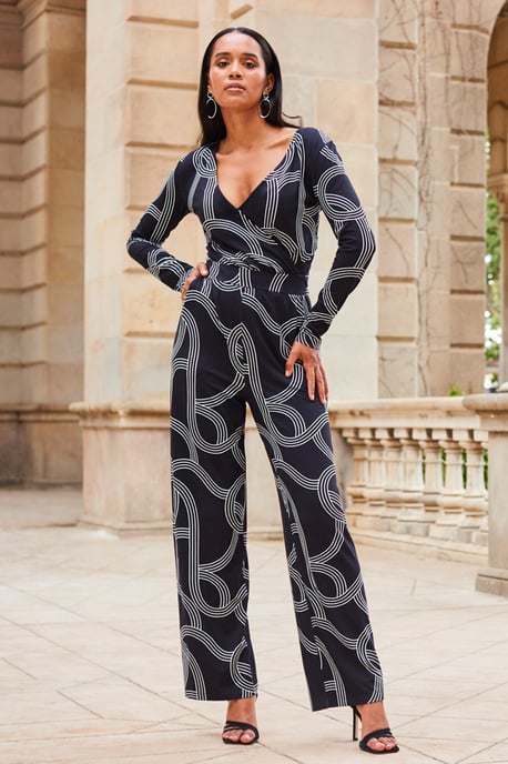 Black Geometric Print Faux Wrap Front Jumpsuit