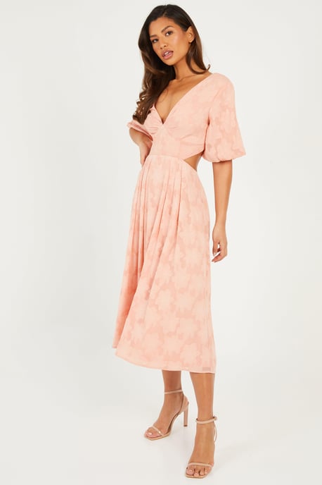 Peach Jacquard Puff Sleeve Midi Dress