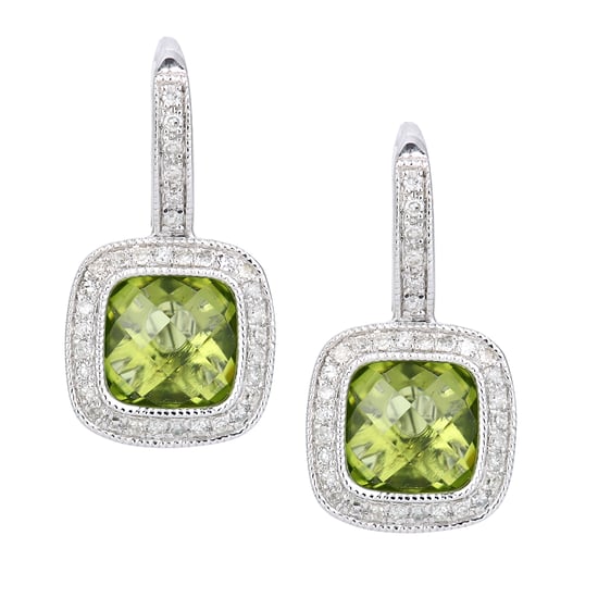 9ct witgouden diamanten en peridot vierkante oorringen - Image 1