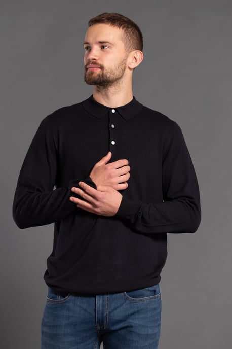 Black Knitted Long Sleeve Polo