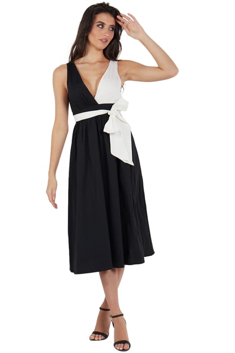 Zwart met contrast witte poplin tie taille midi jurk - Image 1
