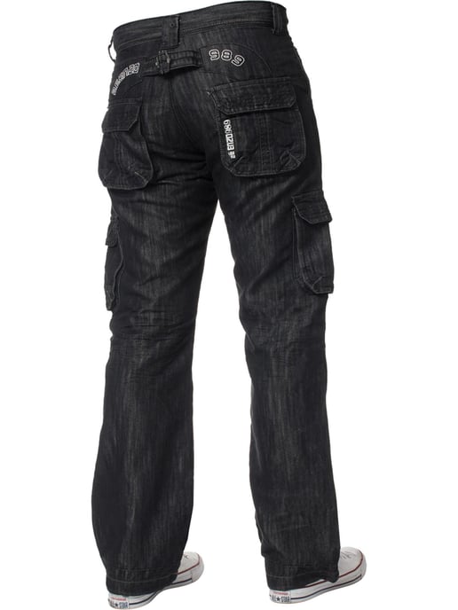 Enzo | Mens Cargo Combat Jeans - Black Wash