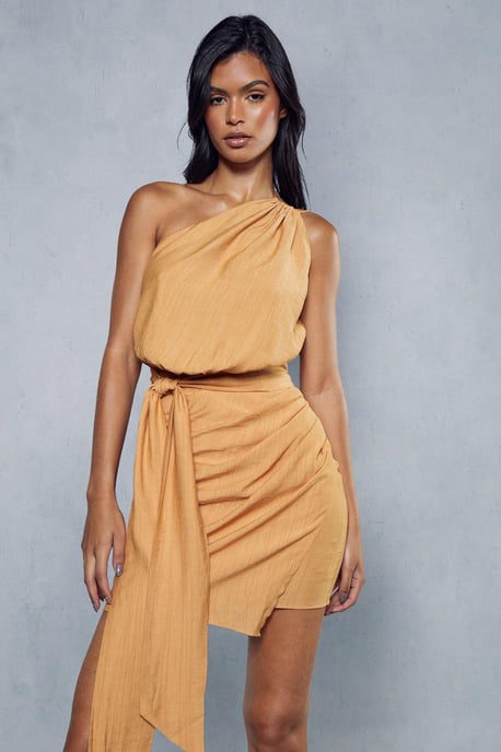 Textured Linen Look Drape Detail Mini Dress