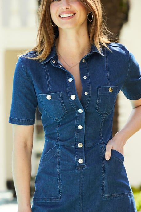 Indigo Blue Popper Front Short Sleeve Denim Dress