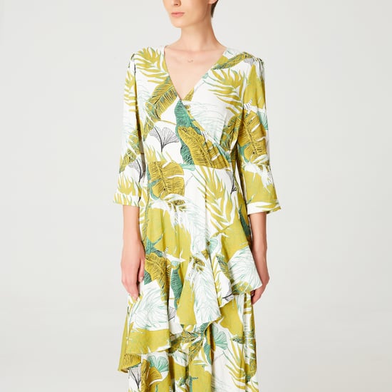 Tropical print frilled midi dress with cross bust