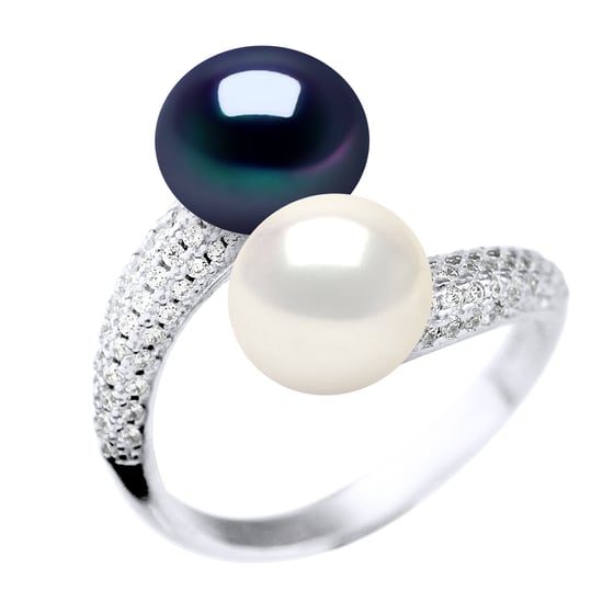 Ring YOU AND ME 2 Freshwater Pearls 9-10 mm White and Black Jewelry 925